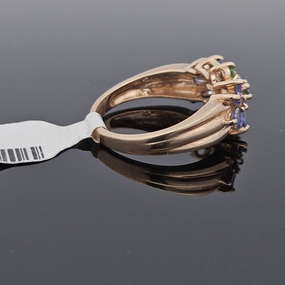 14K Yellow Gold Tanzanite & Emerald Flower Motif Cluster Gemstone Ring Size 8 - Picture 14 of 16